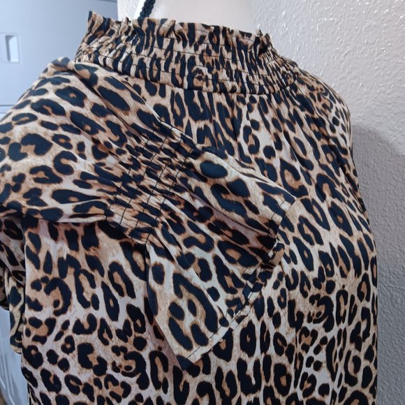 NWOT H&M Long Gathered Belle Sleeve Leopard Print High Neck Blouse Size XL - Picture 4 of 4